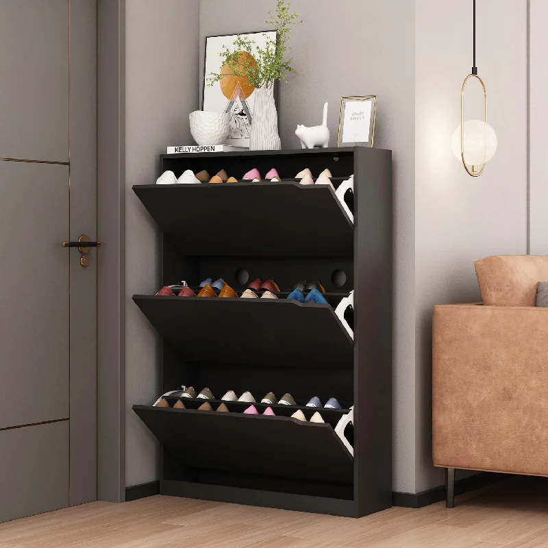 Wodeer Shoe Cabinet with 3 Flip Drawers,Wood Entryway Shoe Storage Cabinet,Freestanding Shoe Rack Storage Organizer for Entryway, Hallway, Black,9.33" D x 31.5" W x 47.2" H…