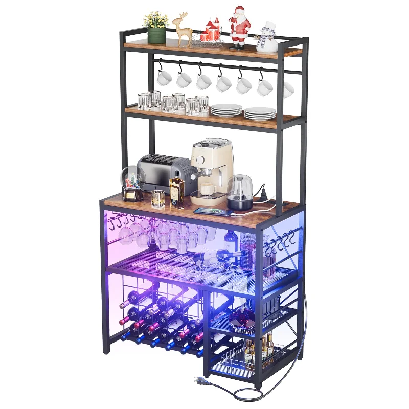 Yacchi Home Premium Wine Bar Cabinet with LED Lighting and Power Outlet, Stylish Freestanding Liquor Storage for Dining Room and Kitchen