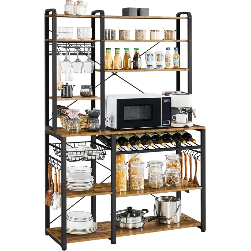 Yaheetech 43.5" Rustic Brown Kitchen Bakers Rack with Wine Rack & Pull-Out Wire Basket