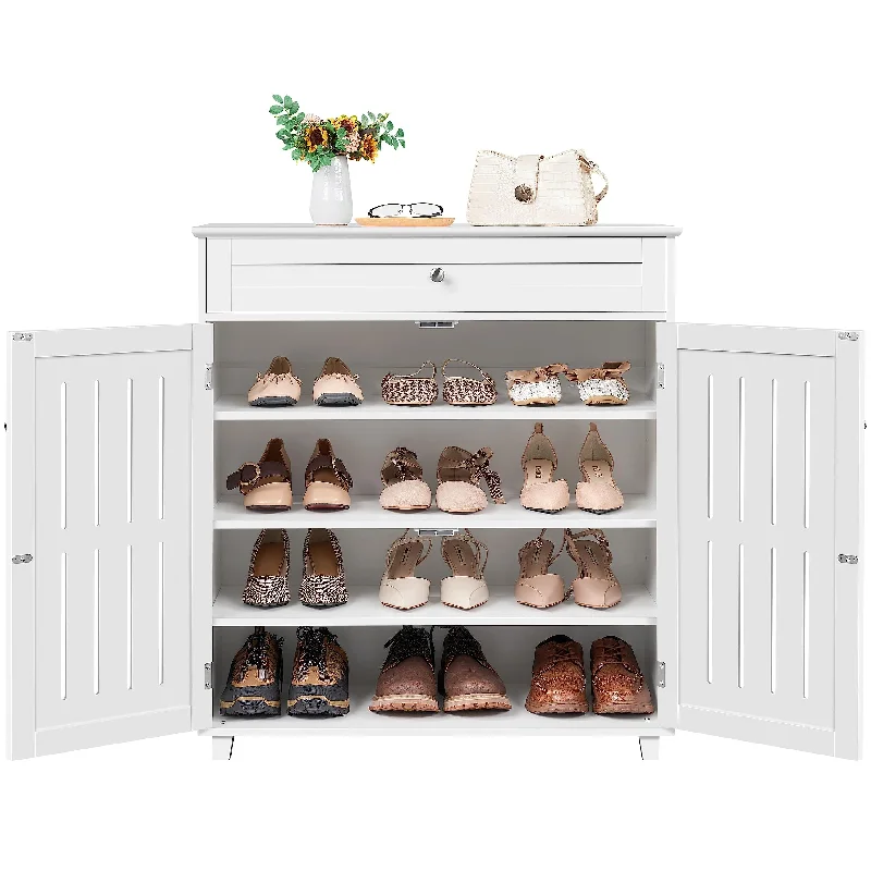 Yaheetech Shoe Cabinet, 4-Tier Shoe Storage Cabinet with Drawer & Adjustable Shelves, Wooden Shoe Rack Organizer with Louvered Doors for Entryway, Hallway, Bedroom, Closet, Living Room, White