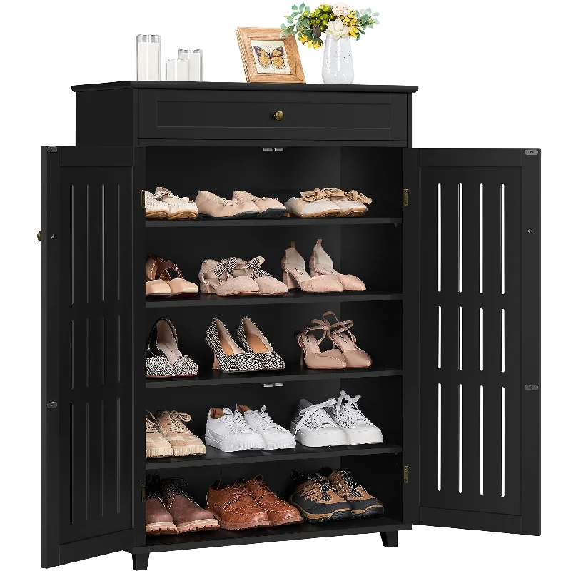 Yaheetech Shoe Cabinet, 5-Tier Shoe Rack Organizer with 1 Drawer, Freestanding Wooden Shoe Storage Cabinet with 2 Louvered Door & Adjustable Shelves for Entryway Hallway, Black