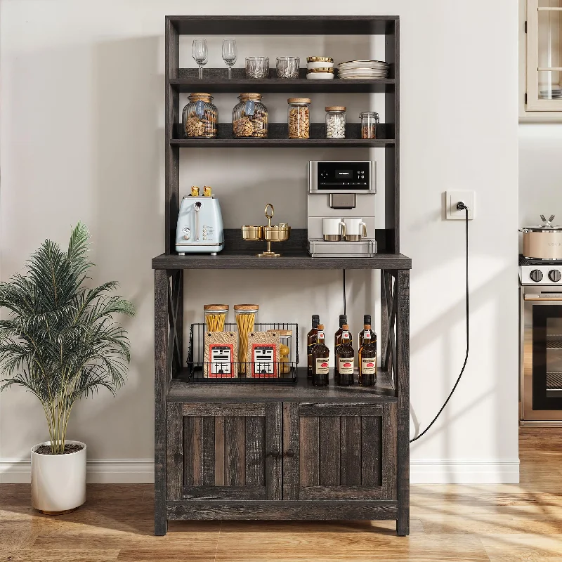 YITAHOME Rustic Oak Microwave Stand and Bakers Rack with Power Outlet and Storage Shelves