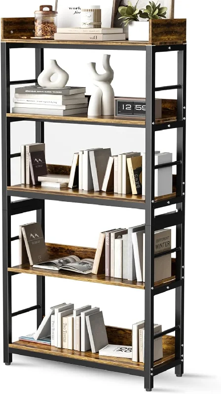 Aquzee Bookshelf, 5 Tiers Industrial Bookcase Wood & Metal, 66" H x 31" W x 12" - $95