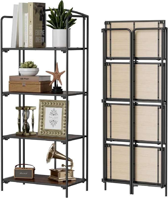 Crofy No Assembly Folding Bookshelf for Living Room, 4 Tier Black Collapsible - $60