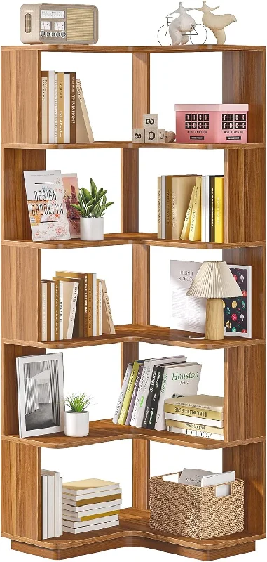 LITTLE TREE 6-Shelf Corner Bookshelf, 65” Tall L Shaped Bookcase, 6-Tier - $105