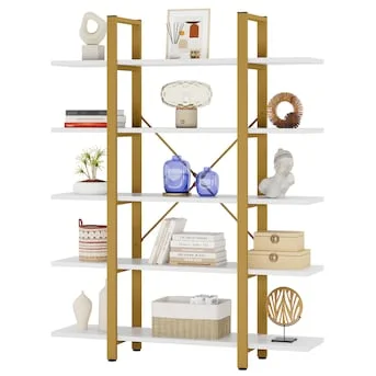 Tribesigns HOGA1025 White + Gold Metal 5-Shelf Ladder Bookcase - $90