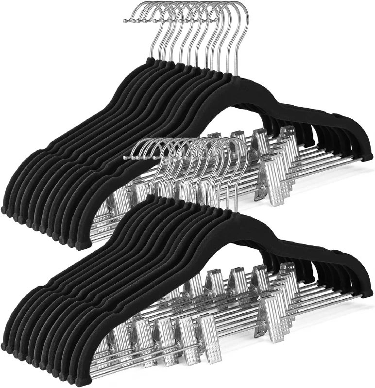 HOUSE DAY Velvet Skirt Hangers 24 Pack, Black Velvet Hangers with Adjustable Clips